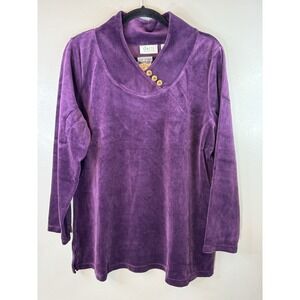 NWOT D& Co. Deep Purple Velour V Neck Top With Gold Button Accents Size M Petite